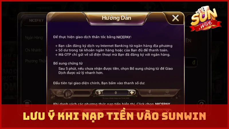 Lưu ý khi nạp tiền vào SUNWIN